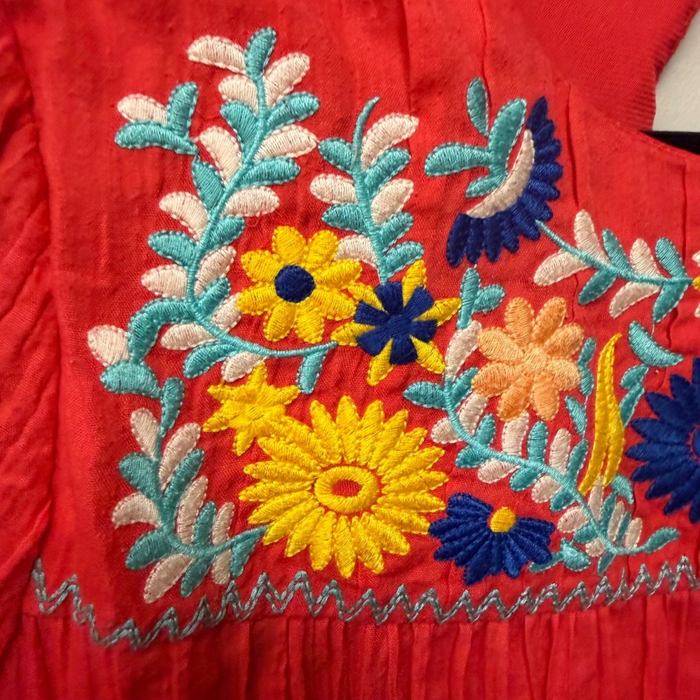 Beige by ECI Red Crinkle Embroidered Floral Boho Shift Dress Peasant Hippie Sz L - Picture 5 of 11